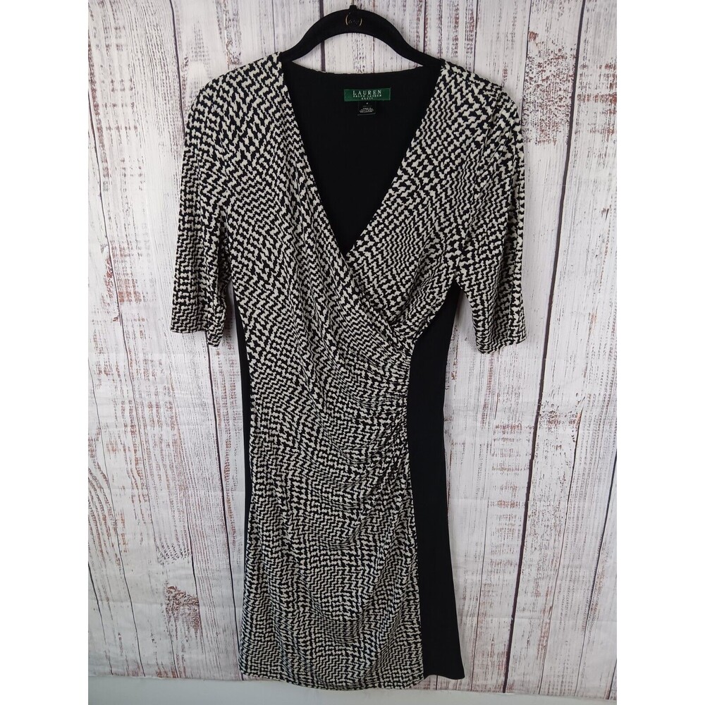 Lauren Ralph Dress 4 Green Label Moc Wrap print Jersey Houndstooth Black White